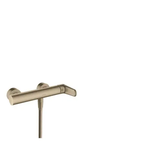 Aufputz-Brausemischer von AXOR in gebürstetem Nickel-Finish mit einem langen, geraden Auslauf und zwei seitlichen Bediengriffen für die Temperaturregelung.